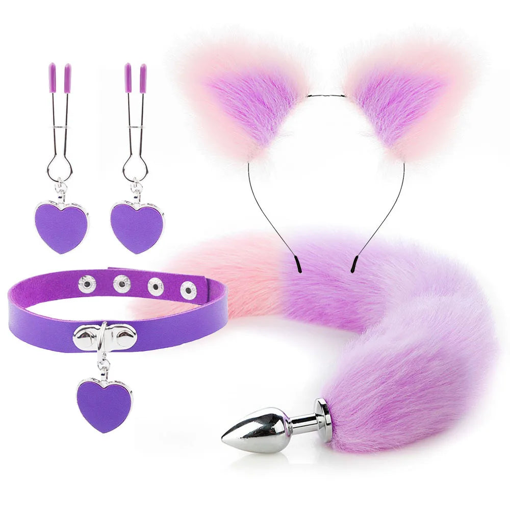 Plug - Jouets sexuels anaux, queue de renard, plug anal, serre-tête en peluche sexy avec oreilles de chat et cloches, ensemble de colliers, jouets sexuels de massage pour femmes, couples, cosplay