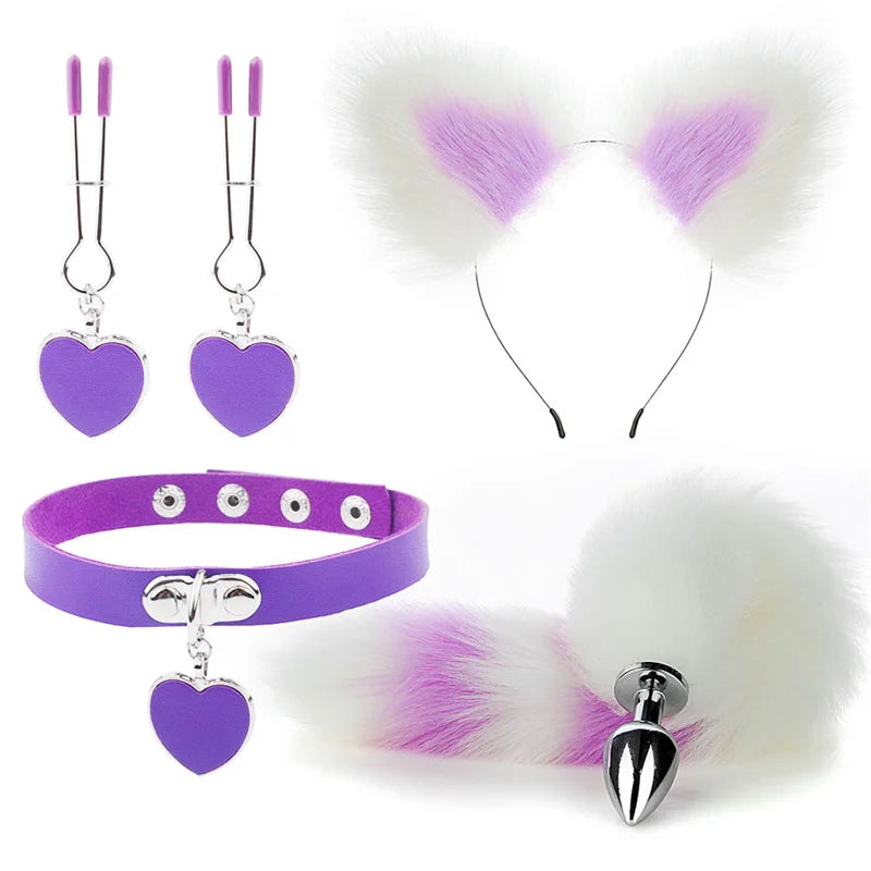Plug - Jouets sexuels anaux, queue de renard, plug anal, serre-tête en peluche sexy avec oreilles de chat et cloches, ensemble de colliers, jouets sexuels de massage pour femmes, couples, cosplay