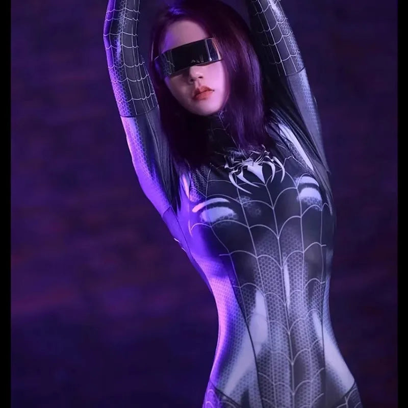 Lingerie sexy - Combinaison de super-héros sexy en toile d'araignée pour femme, tenue de cosplay, de fête d'Halloween, avec fermeture éclair à l'entrejambe