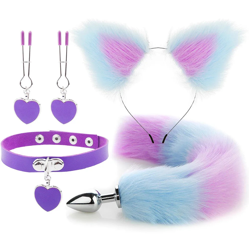 Plug - Jouets sexuels anaux, queue de renard, plug anal, serre-tête en peluche sexy avec oreilles de chat et cloches, ensemble de colliers, jouets sexuels de massage pour femmes, couples, cosplay