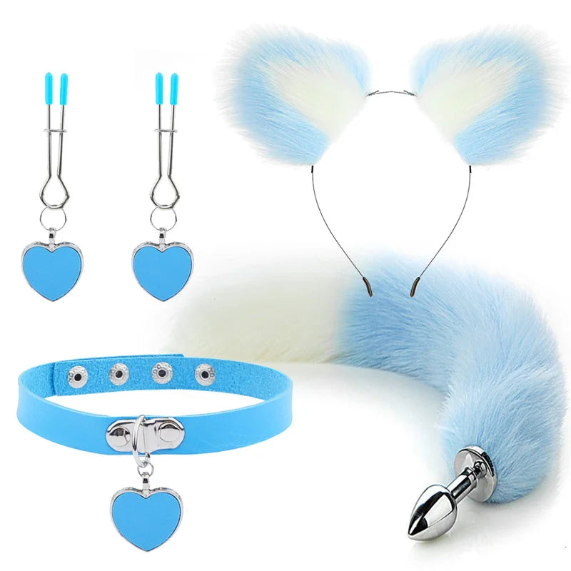 Plug - Jouets sexuels anaux, queue de renard, plug anal, serre-tête en peluche sexy avec oreilles de chat et cloches, ensemble de colliers, jouets sexuels de massage pour femmes, couples, cosplay