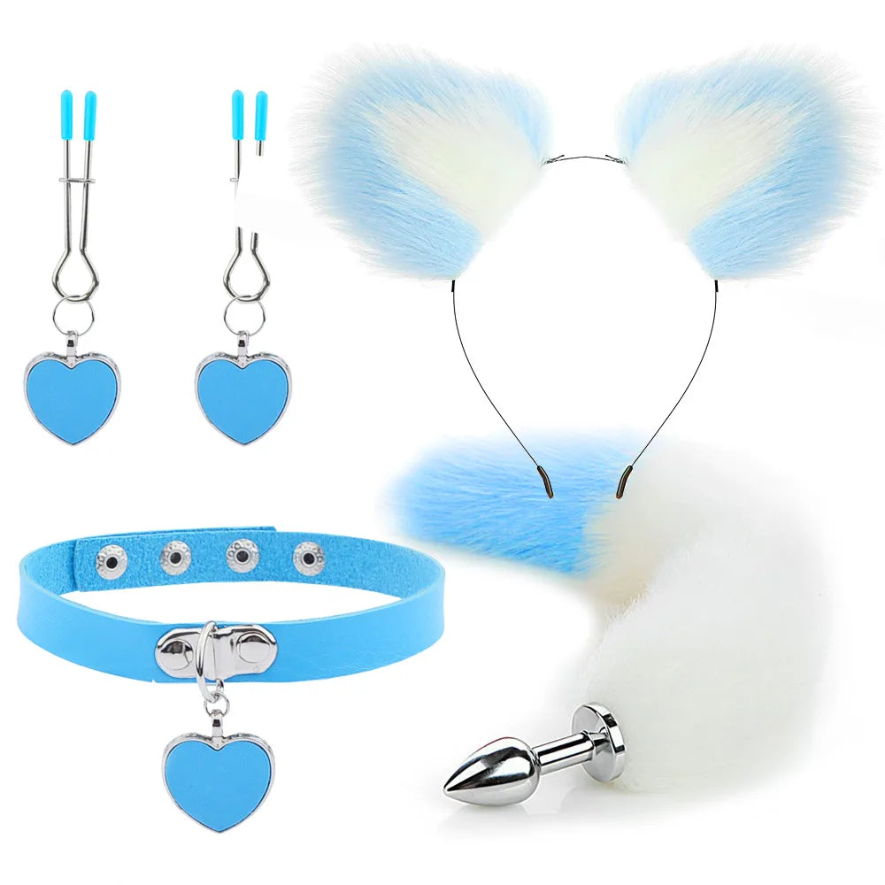 Plug - Jouets sexuels anaux, queue de renard, plug anal, serre-tête en peluche sexy avec oreilles de chat et cloches, ensemble de colliers, jouets sexuels de massage pour femmes, couples, cosplay