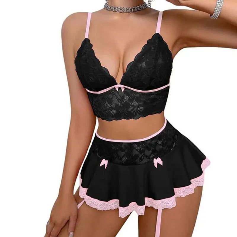 Lingerie sexy - Ensemble de lingerie sexy pour femme, uniforme de cosplay, soutien-gorge ouvert, mini-jupe fantaisie, vêtements de nuit, soutien-gorge jarretelles