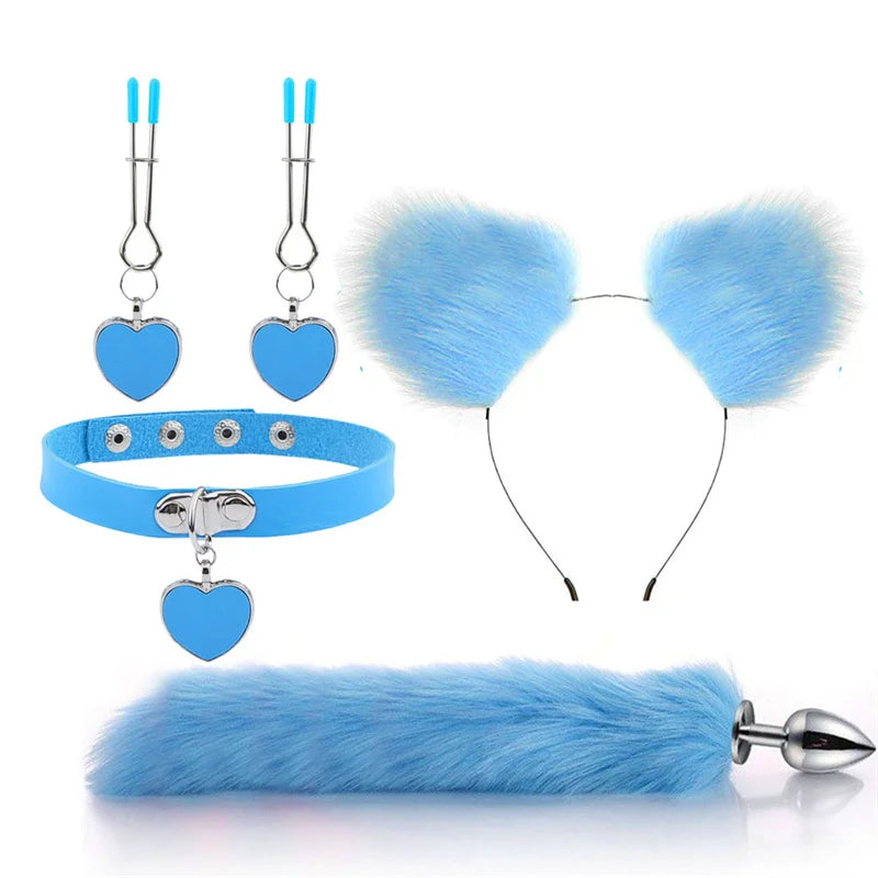 Plug - Jouets sexuels anaux, queue de renard, plug anal, serre-tête en peluche sexy avec oreilles de chat et cloches, ensemble de colliers, jouets sexuels de massage pour femmes, couples, cosplay