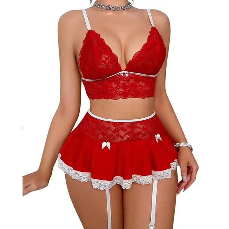 Lingerie sexy - Ensemble de lingerie sexy pour femme, uniforme de cosplay, soutien-gorge ouvert, mini-jupe fantaisie, vêtements de nuit, soutien-gorge jarretelles