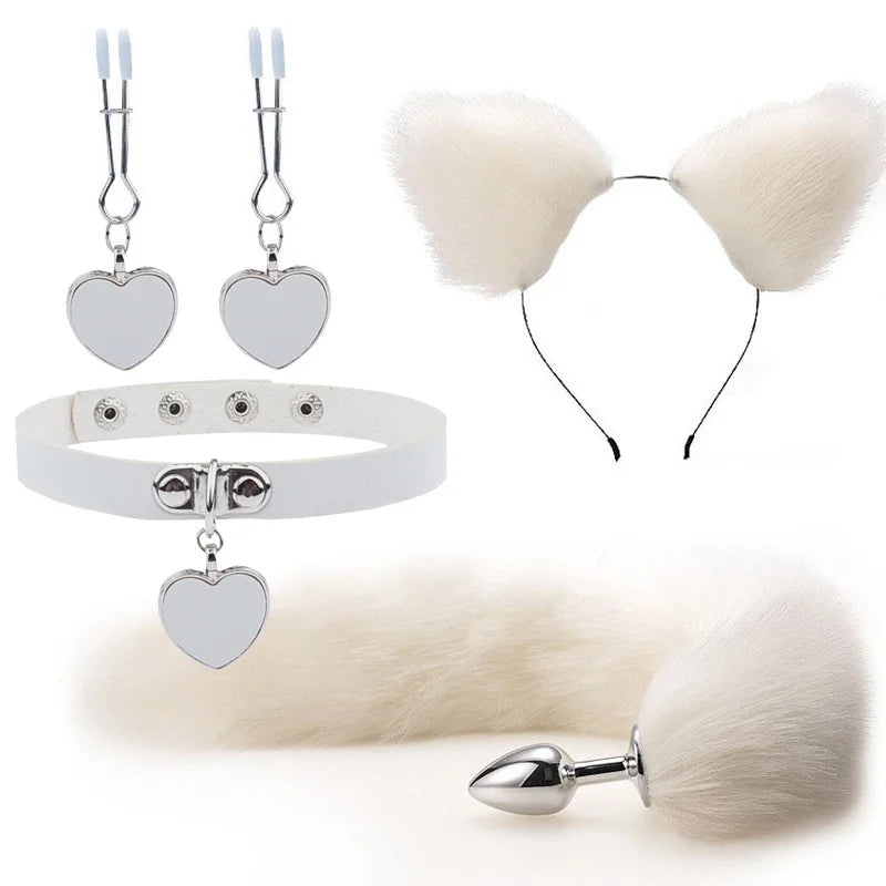 Plug - Jouets sexuels anaux, queue de renard, plug anal, serre-tête en peluche sexy avec oreilles de chat et cloches, ensemble de colliers, jouets sexuels de massage pour femmes, couples, cosplay