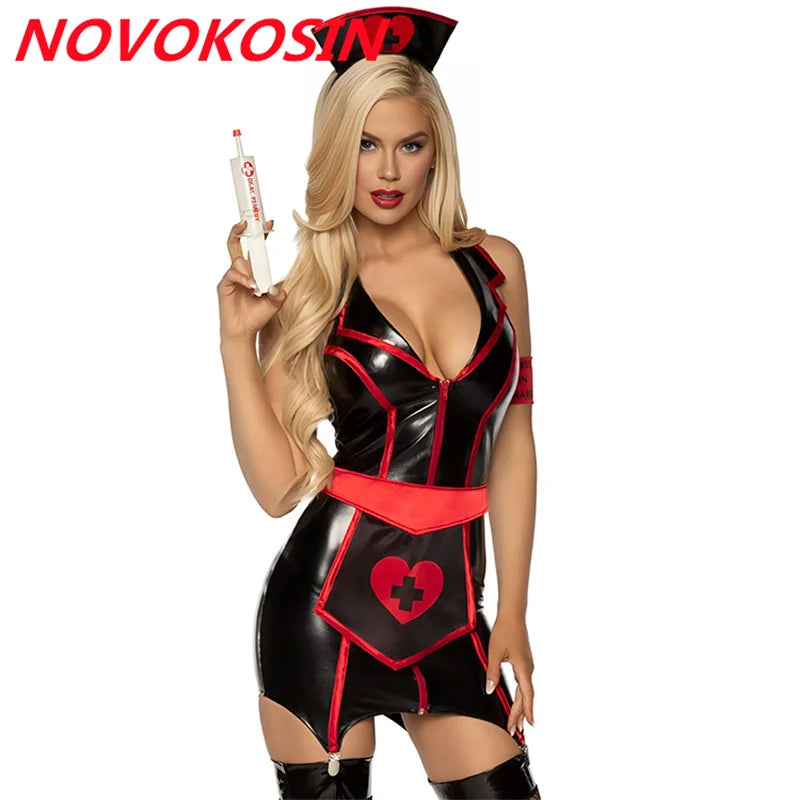 Lingerie sexy - Ensemble de 6 pièces d'infirmières en similicuir noir et blanc, robe courte à col en V profond avec tablier, lingerie sexy en PU, costume de cosplay