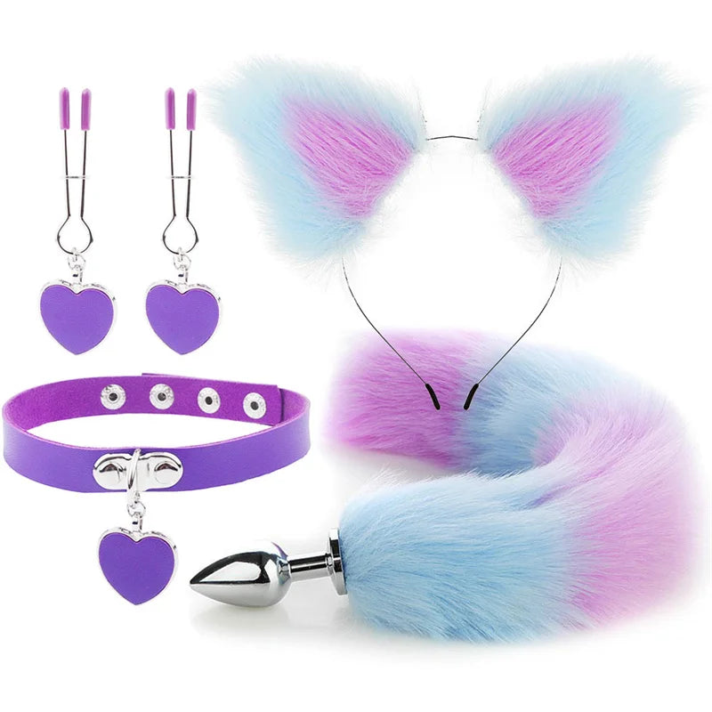Plug - Jouets sexuels anaux, queue de renard, plug anal, serre-tête en peluche sexy avec oreilles de chat et cloches, ensemble de colliers, jouets sexuels de massage pour femmes, couples, cosplay