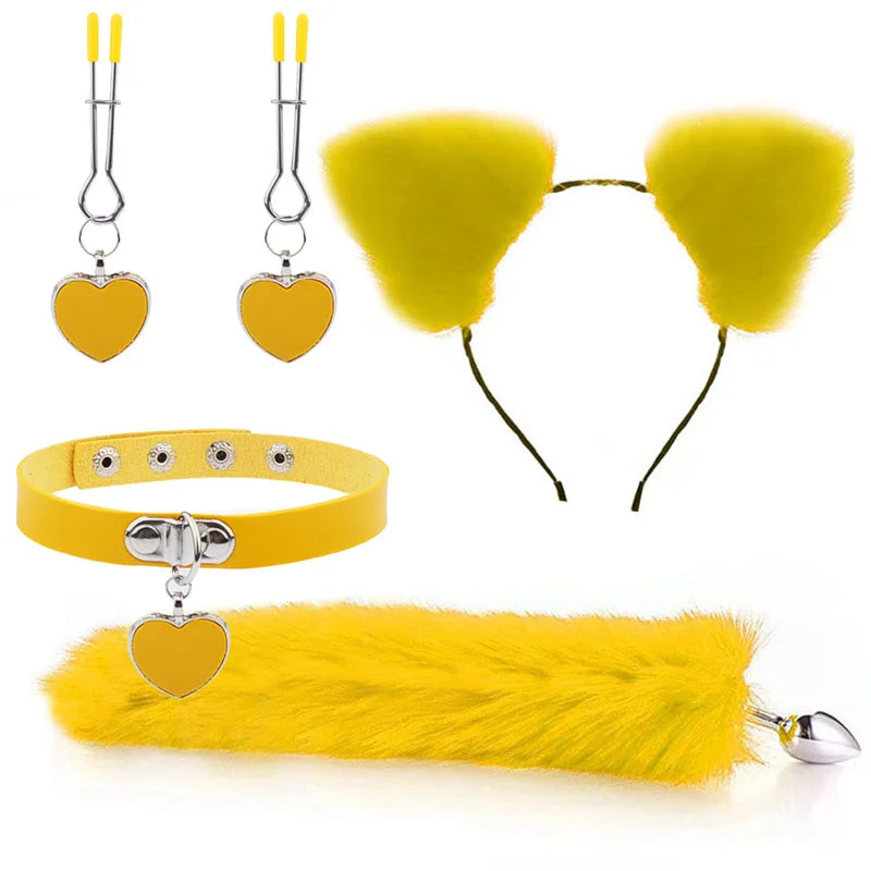 Plug - Jouets sexuels anaux, queue de renard, plug anal, serre-tête en peluche sexy avec oreilles de chat et cloches, ensemble de colliers, jouets sexuels de massage pour femmes, couples, cosplay