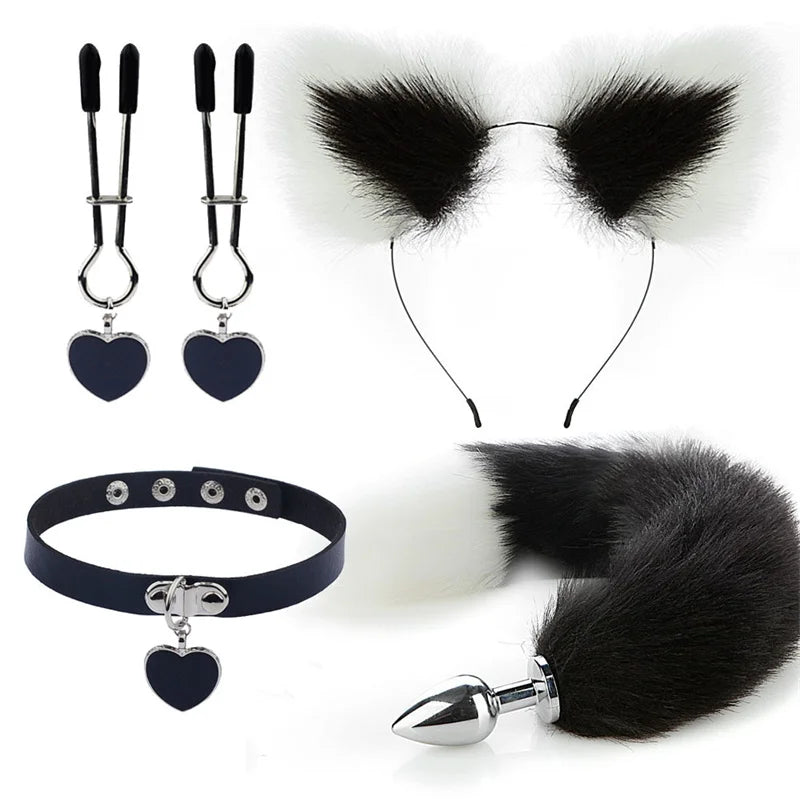 Plug - Jouets sexuels anaux, queue de renard, plug anal, serre-tête en peluche sexy avec oreilles de chat et cloches, ensemble de colliers, jouets sexuels de massage pour femmes, couples, cosplay