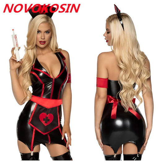 Lingerie sexy - Ensemble de 6 pièces d'infirmières en similicuir noir et blanc, robe courte à col en V profond avec tablier, lingerie sexy en PU, costume de cosplay