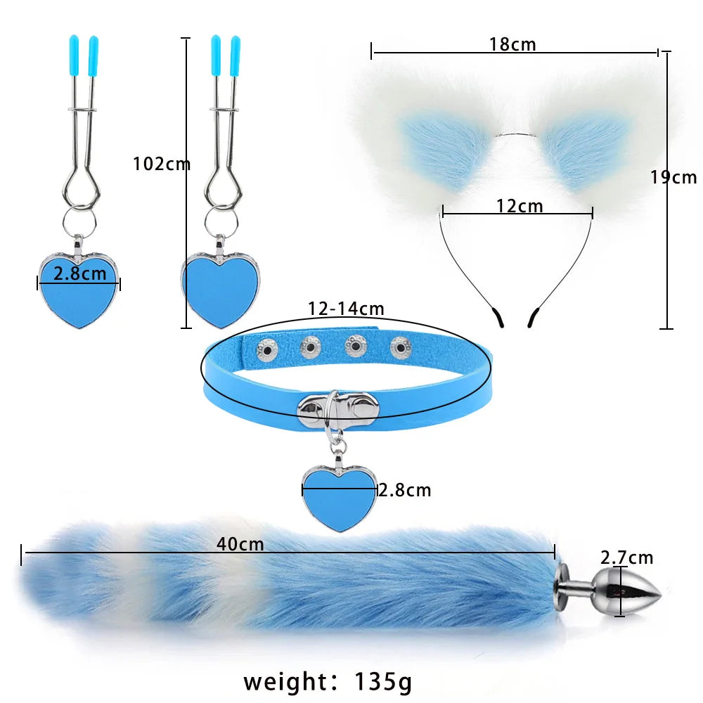 Plug - Jouets sexuels anaux, queue de renard, plug anal, serre-tête en peluche sexy avec oreilles de chat et cloches, ensemble de colliers, jouets sexuels de massage pour femmes, couples, cosplay