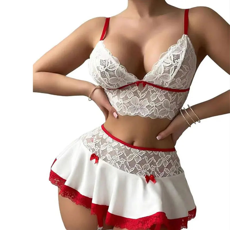 Lingerie sexy - Ensemble de lingerie sexy pour femme, uniforme de cosplay, soutien-gorge ouvert, mini-jupe fantaisie, vêtements de nuit, soutien-gorge jarretelles