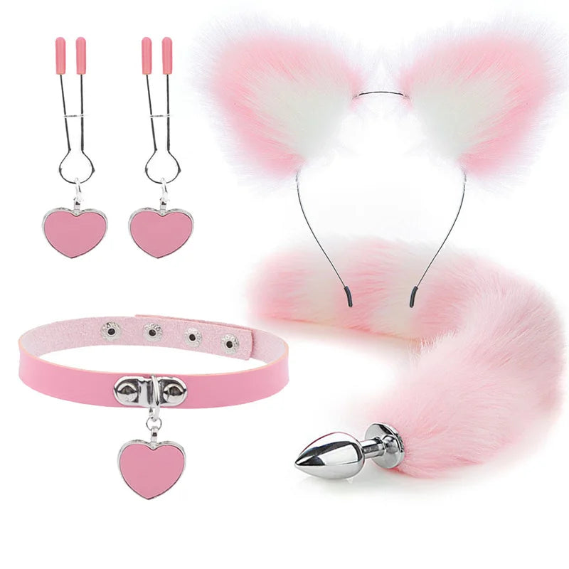 Plug - Jouets sexuels anaux, queue de renard, plug anal, serre-tête en peluche sexy avec oreilles de chat et cloches, ensemble de colliers, jouets sexuels de massage pour femmes, couples, cosplay