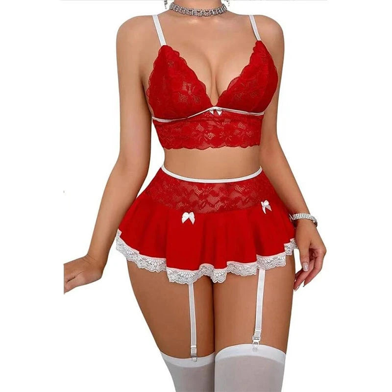 Lingerie sexy - Ensemble de lingerie sexy pour femme, uniforme de cosplay, soutien-gorge ouvert, mini-jupe fantaisie, vêtements de nuit, soutien-gorge jarretelles