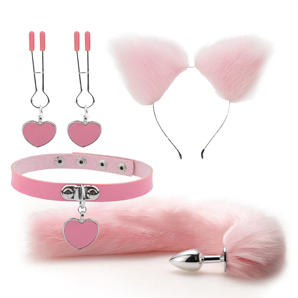 Plug - Jouets sexuels anaux, queue de renard, plug anal, serre-tête en peluche sexy avec oreilles de chat et cloches, ensemble de colliers, jouets sexuels de massage pour femmes, couples, cosplay