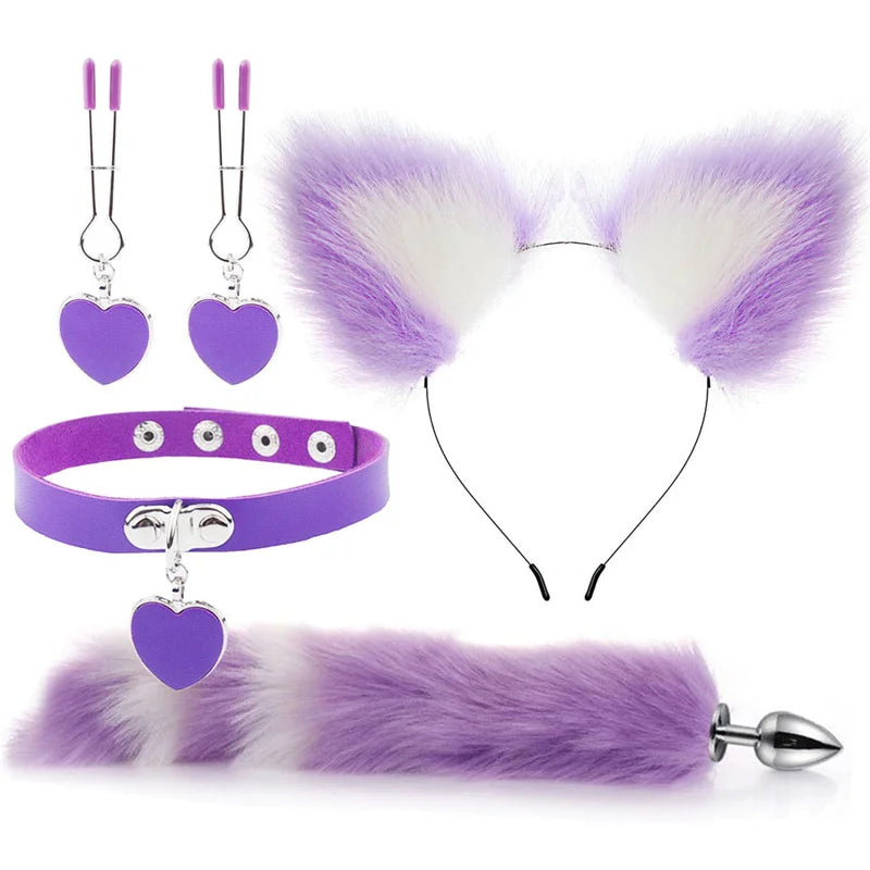 Plug - Jouets sexuels anaux, queue de renard, plug anal, serre-tête en peluche sexy avec oreilles de chat et cloches, ensemble de colliers, jouets sexuels de massage pour femmes, couples, cosplay