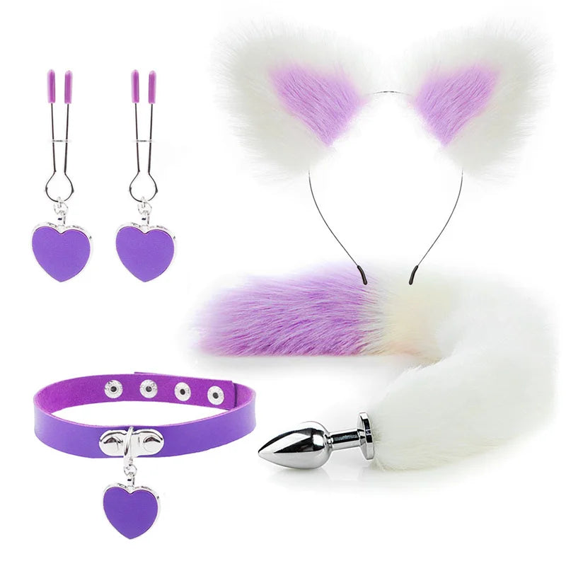 Plug - Jouets sexuels anaux, queue de renard, plug anal, serre-tête en peluche sexy avec oreilles de chat et cloches, ensemble de colliers, jouets sexuels de massage pour femmes, couples, cosplay