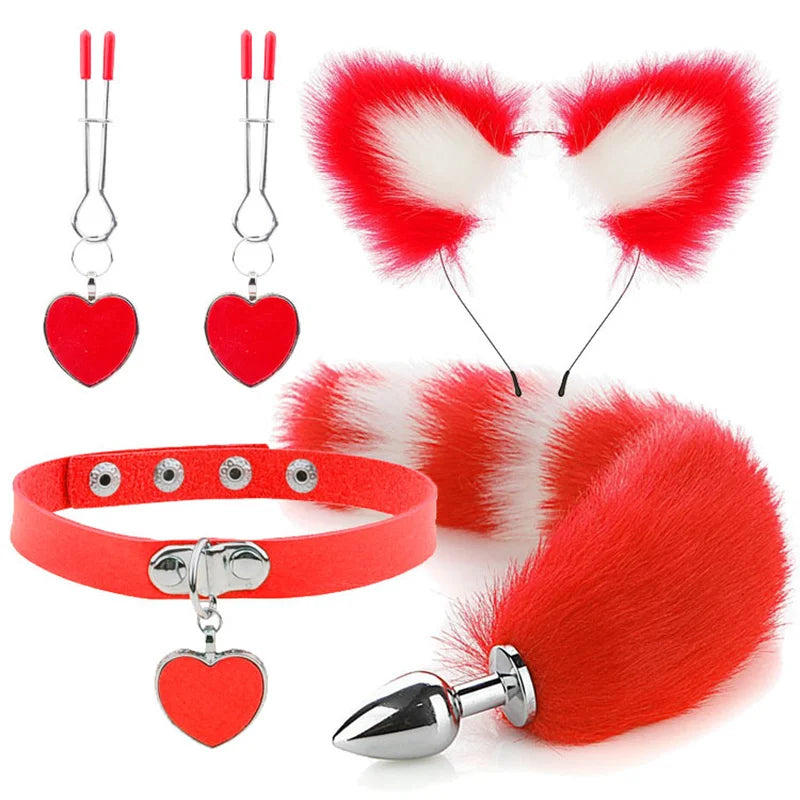 Plug - Jouets sexuels anaux, queue de renard, plug anal, serre-tête en peluche sexy avec oreilles de chat et cloches, ensemble de colliers, jouets sexuels de massage pour femmes, couples, cosplay