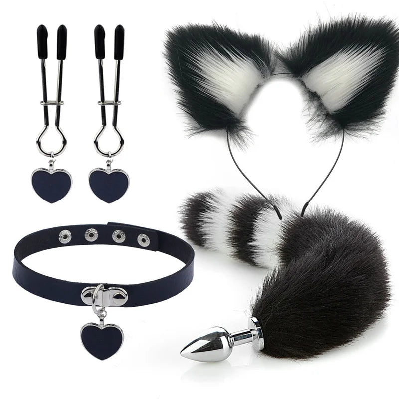 Plug - Jouets sexuels anaux, queue de renard, plug anal, serre-tête en peluche sexy avec oreilles de chat et cloches, ensemble de colliers, jouets sexuels de massage pour femmes, couples, cosplay