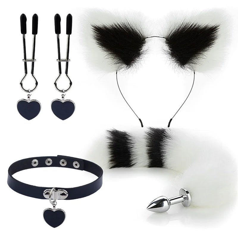 Plug - Jouets sexuels anaux, queue de renard, plug anal, serre-tête en peluche sexy avec oreilles de chat et cloches, ensemble de colliers, jouets sexuels de massage pour femmes, couples, cosplay