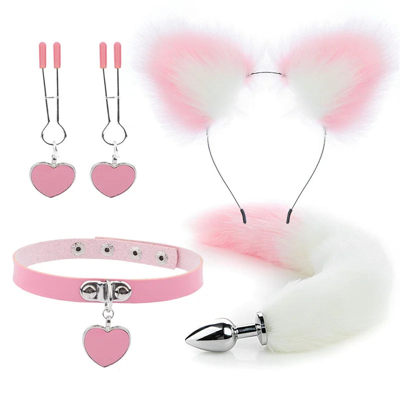 Plug - Jouets sexuels anaux, queue de renard, plug anal, serre-tête en peluche sexy avec oreilles de chat et cloches, ensemble de colliers, jouets sexuels de massage pour femmes, couples, cosplay