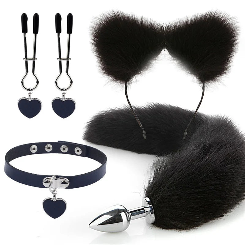 Plug - Jouets sexuels anaux, queue de renard, plug anal, serre-tête en peluche sexy avec oreilles de chat et cloches, ensemble de colliers, jouets sexuels de massage pour femmes, couples, cosplay