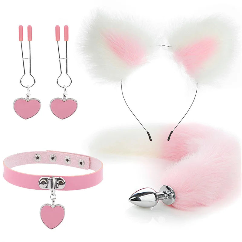 Plug - Jouets sexuels anaux, queue de renard, plug anal, serre-tête en peluche sexy avec oreilles de chat et cloches, ensemble de colliers, jouets sexuels de massage pour femmes, couples, cosplay