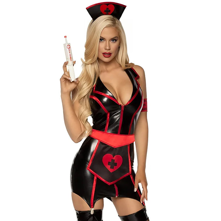 Lingerie sexy - Ensemble de 6 pièces d'infirmières en similicuir noir et blanc, robe courte à col en V profond avec tablier, lingerie sexy en PU, costume de cosplay