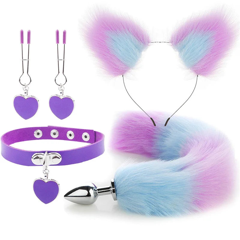 Plug - Jouets sexuels anaux, queue de renard, plug anal, serre-tête en peluche sexy avec oreilles de chat et cloches, ensemble de colliers, jouets sexuels de massage pour femmes, couples, cosplay