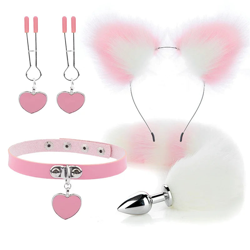 Plug - Jouets sexuels anaux, queue de renard, plug anal, serre-tête en peluche sexy avec oreilles de chat et cloches, ensemble de colliers, jouets sexuels de massage pour femmes, couples, cosplay