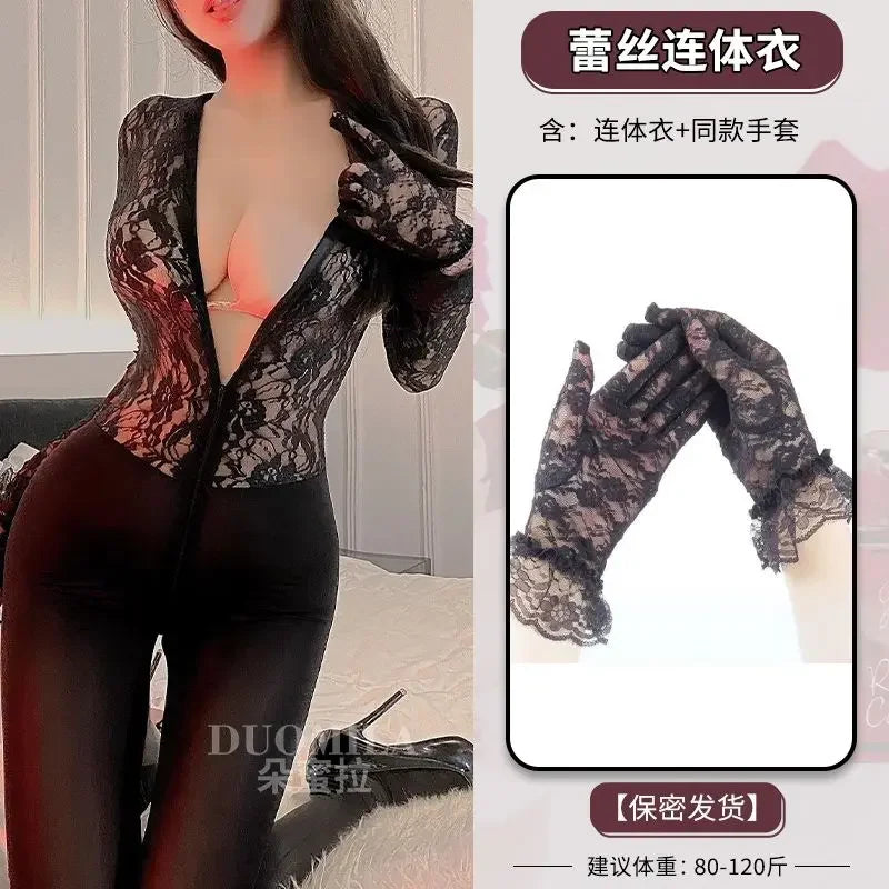 Lingerie sexy - Combinaison en dentelle patchwork grande taille pour femme, fermeture éclair, entrejambe ouvert, transparente, tenue de club, jeu de rôle, discothèque