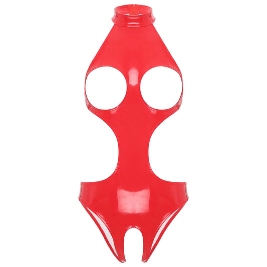Combinaison BDSM en latex effet mouillé pour femme, sans bonnets, sexy, ouverte à l'entrejambe, lingerie en cuir verni, soutien-gorge découpé, combinaison moulante, danse rave BDSM