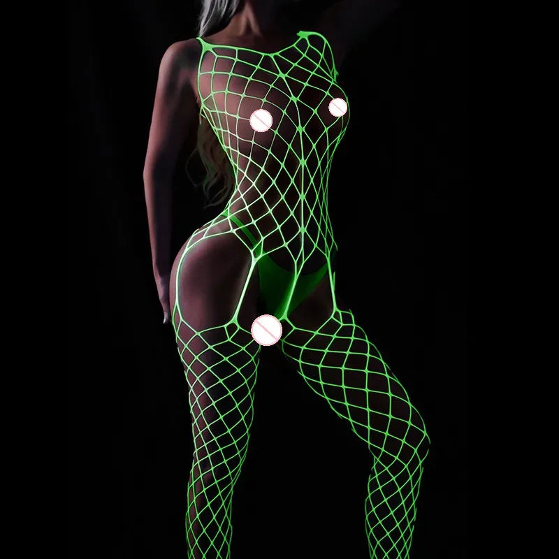 Lingerie érotique en résille lumineuse – Body sexy transparent ajouré, tenue en filet pour jeux de bondage, lingerie sensuelle