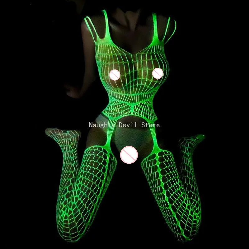 Lingerie érotique en résille lumineuse – Body sexy transparent ajouré, tenue en filet pour jeux de bondage, lingerie sensuelle