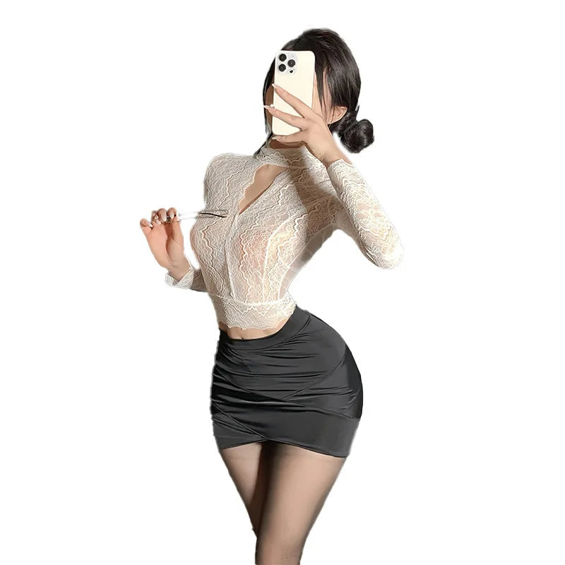 Lingerie sexy - Costumes de cosplay sexy pour femme de bureau, lingerie sexy pour femme, tenue d'hôtesse de l'air, secrétaire, ensemble uniforme en dentelle transparent avec haut et mini-jupe