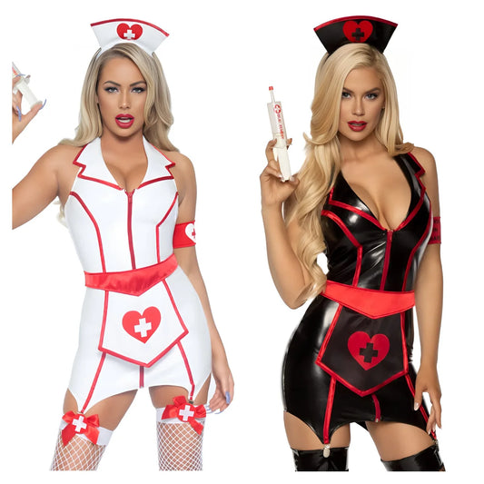 Lingerie sexy - Ensemble de 6 pièces d'infirmières en similicuir noir et blanc, robe courte à col en V profond avec tablier, lingerie sexy en PU, costume de cosplay