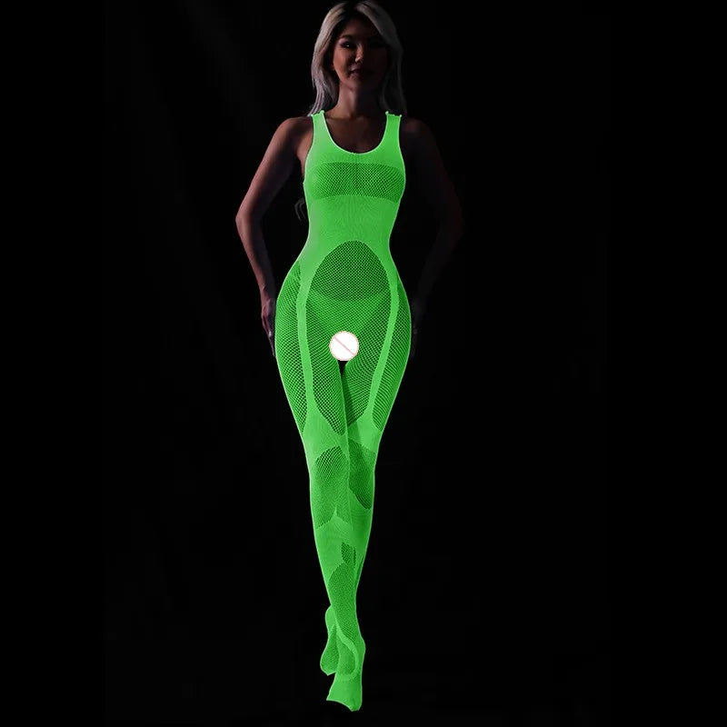Lingerie érotique en résille lumineuse – Body sexy transparent ajouré, tenue en filet pour jeux de bondage, lingerie sensuelle