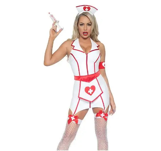 Lingerie sexy - Ensemble de 6 pièces d'infirmières en similicuir noir et blanc, robe courte à col en V profond avec tablier, lingerie sexy en PU, costume de cosplay
