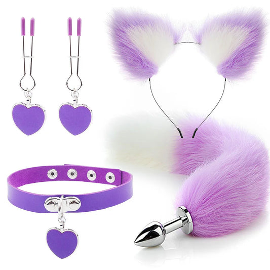 Plug - Jouets sexuels anaux, queue de renard, plug anal, serre-tête en peluche sexy avec oreilles de chat et cloches, ensemble de colliers, jouets sexuels de massage pour femmes, couples, cosplay