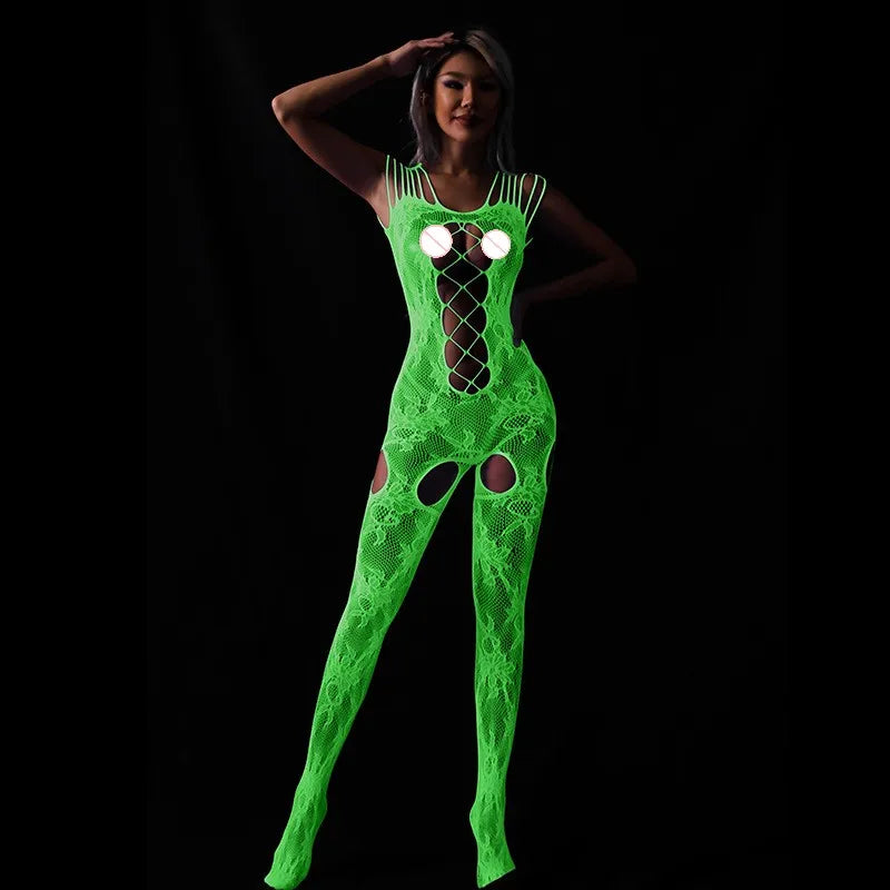 Lingerie érotique en résille lumineuse – Body sexy transparent ajouré, tenue en filet pour jeux de bondage, lingerie sensuelle