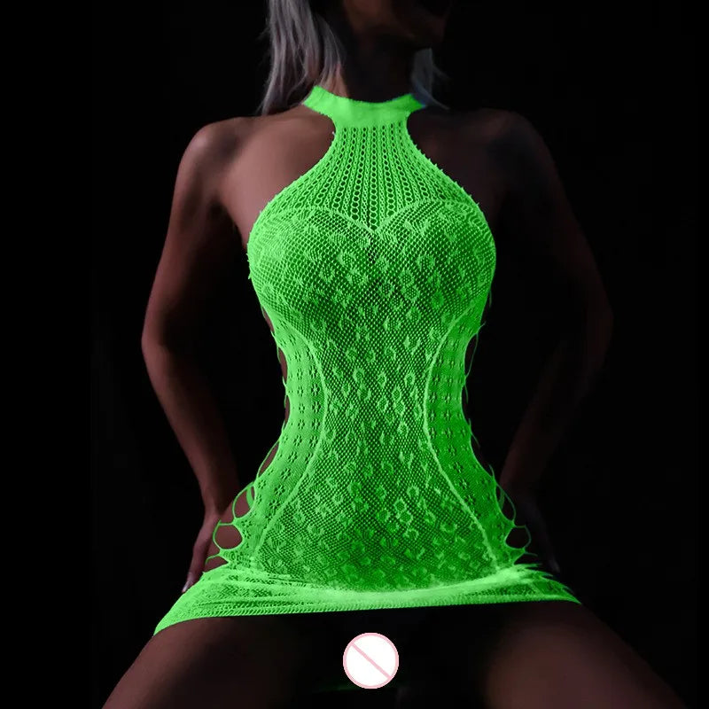 Lingerie érotique en résille lumineuse – Body sexy transparent ajouré, tenue en filet pour jeux de bondage, lingerie sensuelle